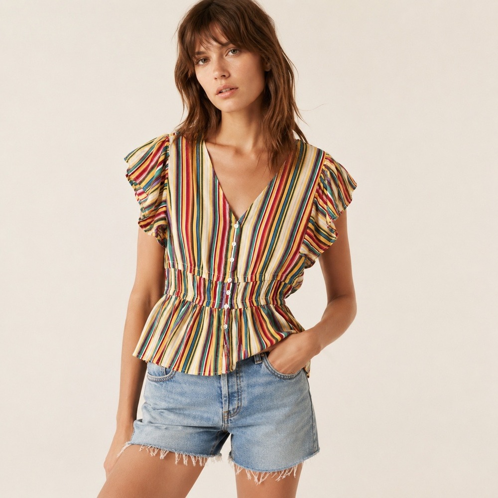 Jessica Simpson Womens Boho‎ Striped Flutter Sleeve Peplum Top Multicolor M NEW